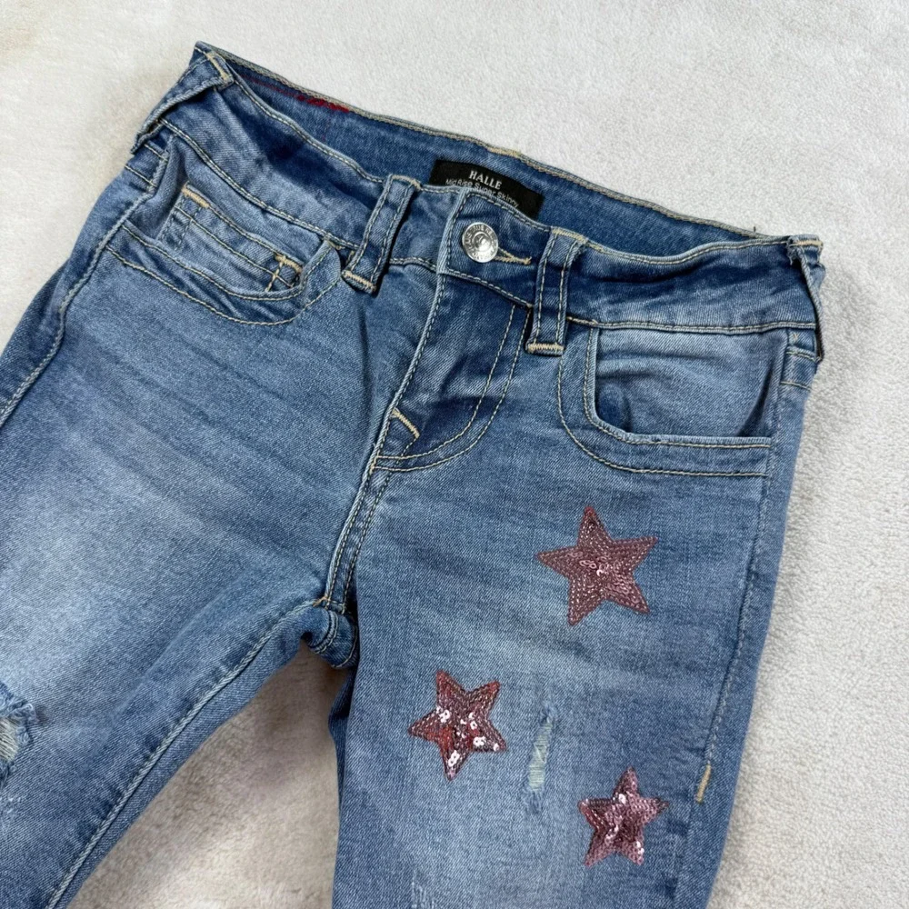True Religion Halle Girls Super Skinny Jeans Size 7 Sequin Star Distressed Blue